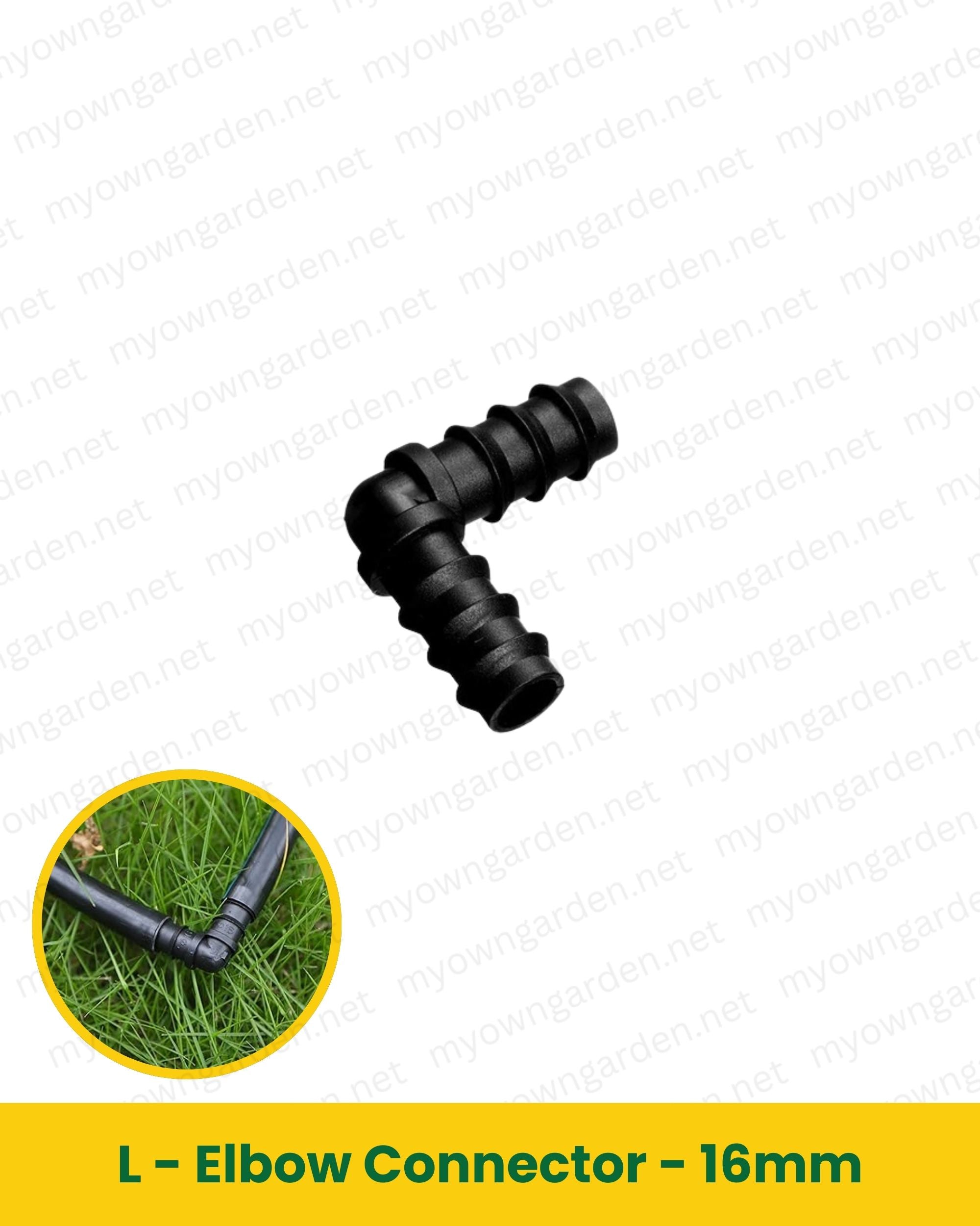 L-Elbow Connector – 16mm Micro Drip Irrigation Pipe Fitting
