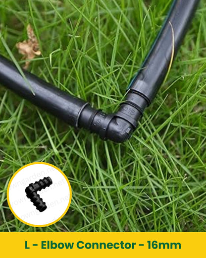 L-Elbow Connector – 16mm Micro Drip Irrigation Pipe Fitting